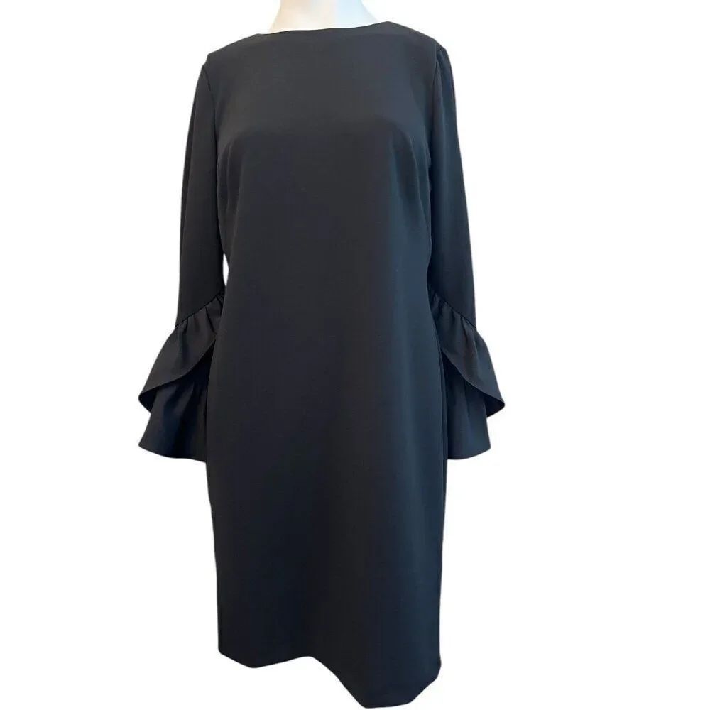 Lauren Ralph Lauren 6 Petite Size 6P Black Shift Dress Bell Ruffle Cuff NWT